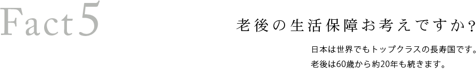 Fact5　老後の生活保障お考えですか？日本は世界でもトップクラスの長寿国です。老後は60歳から約20年も続きます。